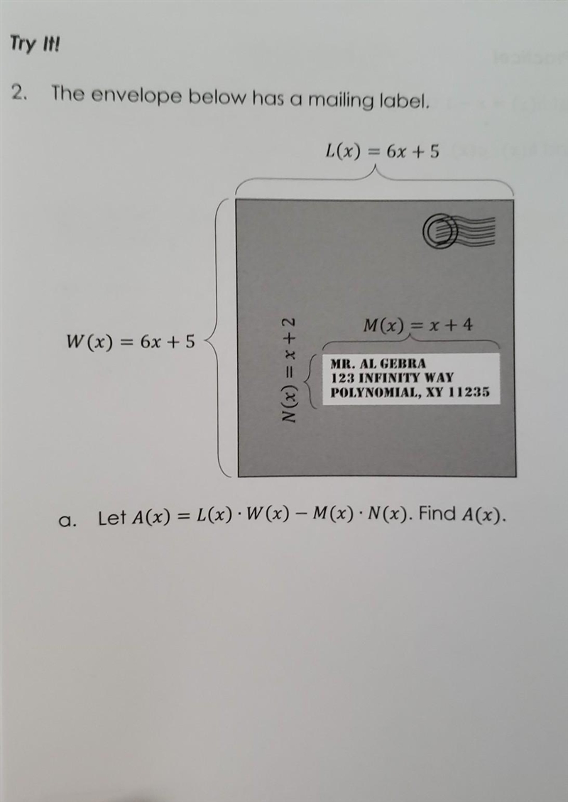 2. The envelope below has a mailing label. L(x) = 6x + 5 W(x) = 6x + 5 M(x) = x +4 NOx-example-1