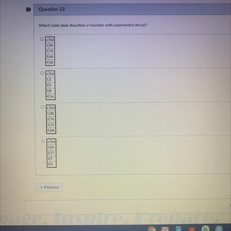 Which table best describes a function with exponential decay? PLEASE HELP!!!!-example-1