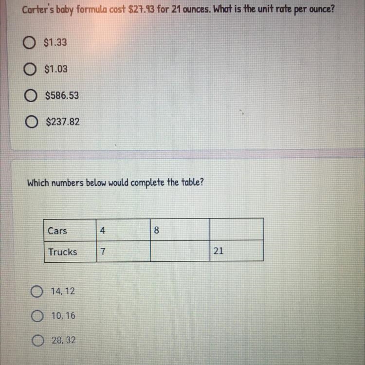 Carter's baby formula cost $27.93 for 21 ounces. What is the unit rate per ounce?-example-1