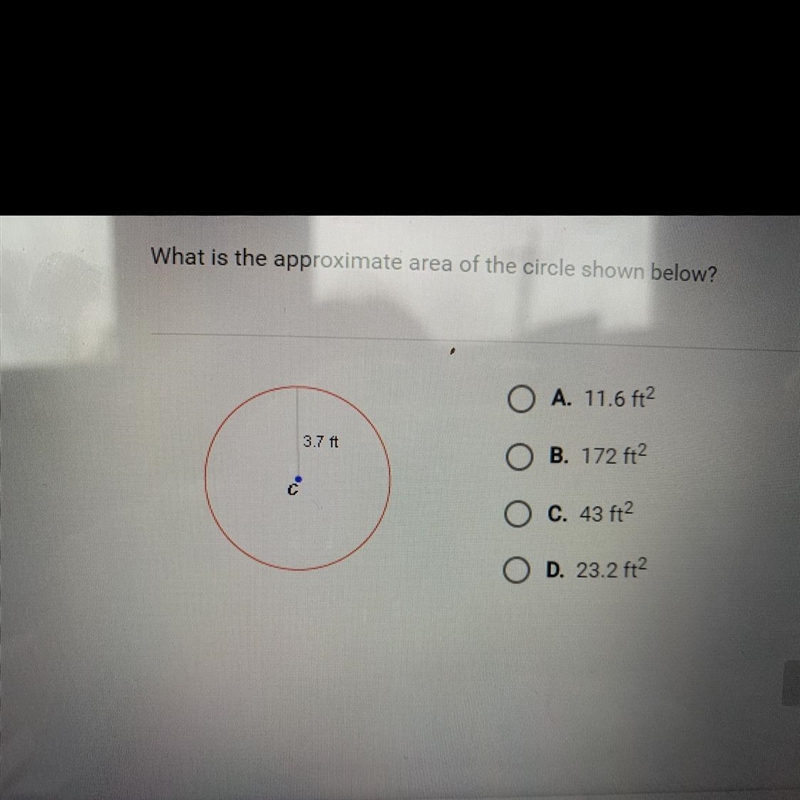 What is the approximate area of a circle show below?-example-1