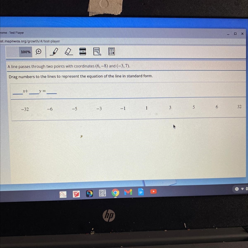 HELP A line passes through two points with coordinates (6,-8) and (-3,7). Drag numbers-example-1