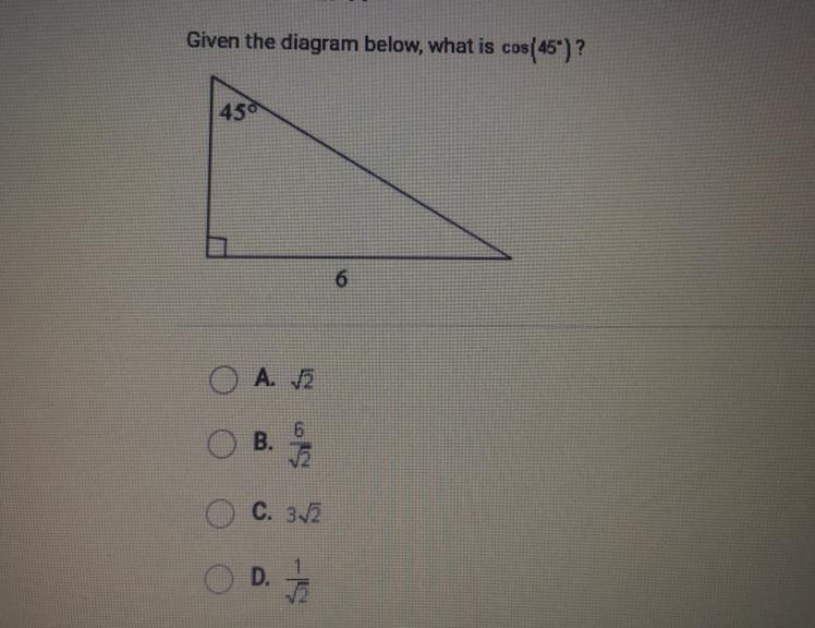 Given the diagram below, what is cos(45°)?-example-1