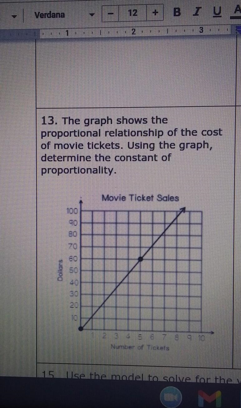 13. The graph shows the proportional relationship of the cost of movie tickets. Using-example-1