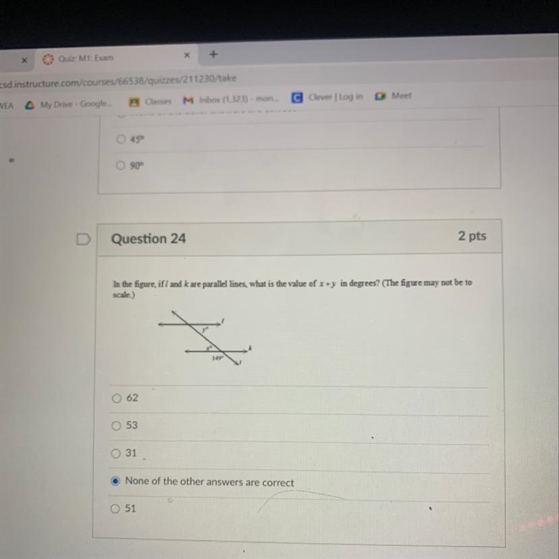 In the figure, if I and I are parallel lines what is the value of x+y in degrees URGENT-example-1