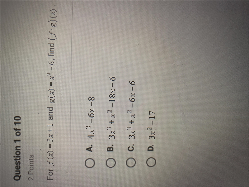 For f(x)=3x+1 and g(x)=x^2-6, find (f•g)(x).-example-1