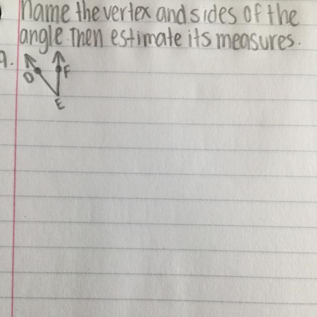 Name the vertex and sides of the angle. Then estimate its measures.-example-1