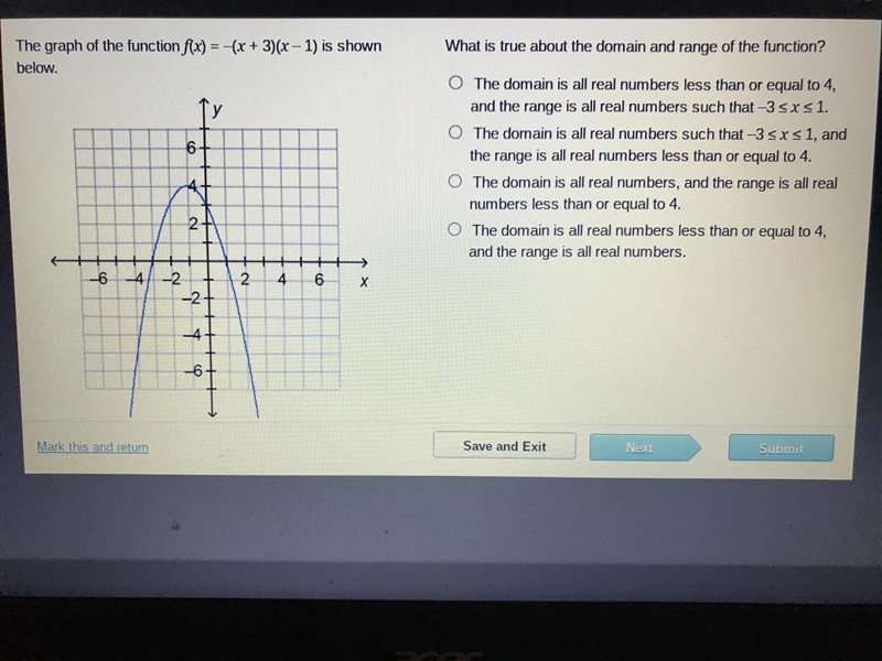 The graph of the function f(x)=-(x+3)(x-1) is shown below. What is true about the-example-1