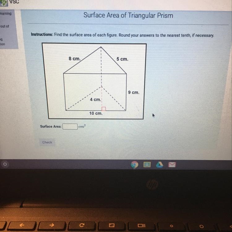 Surface Area of Triangular Prism Instructions: Find the surface area of each figure-example-1