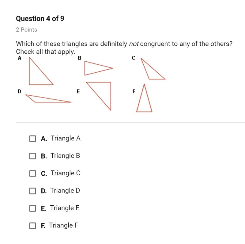 Which of these triangles are definitely not congruent to any of the others? check-example-1