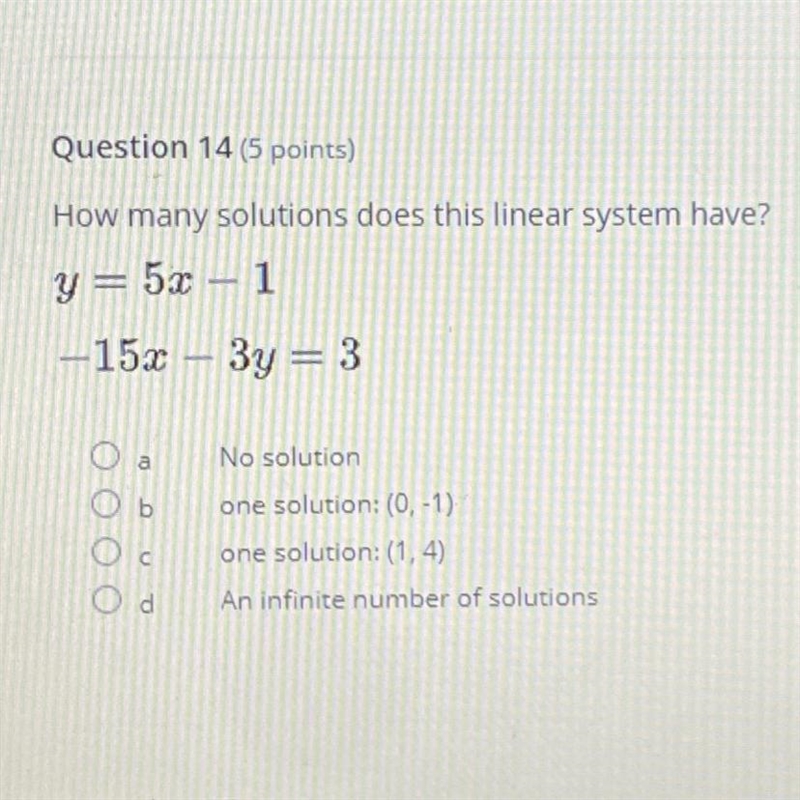 How many solutions does this linear system have? y= 5a-1 -15 3y = 3-example-1