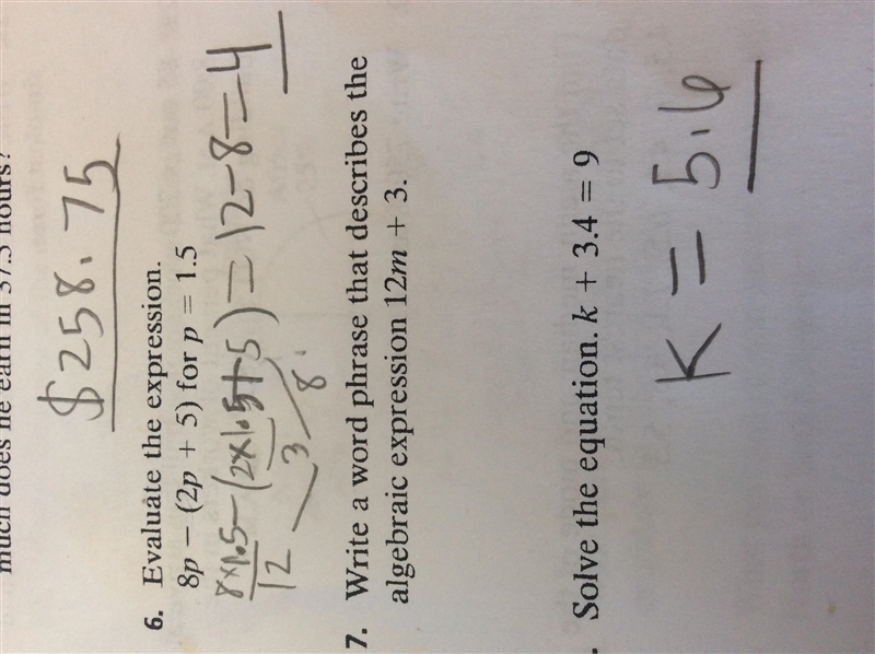 Write a word phrase that describes the algebraic expression 12m + 3.4 = 9-example-1