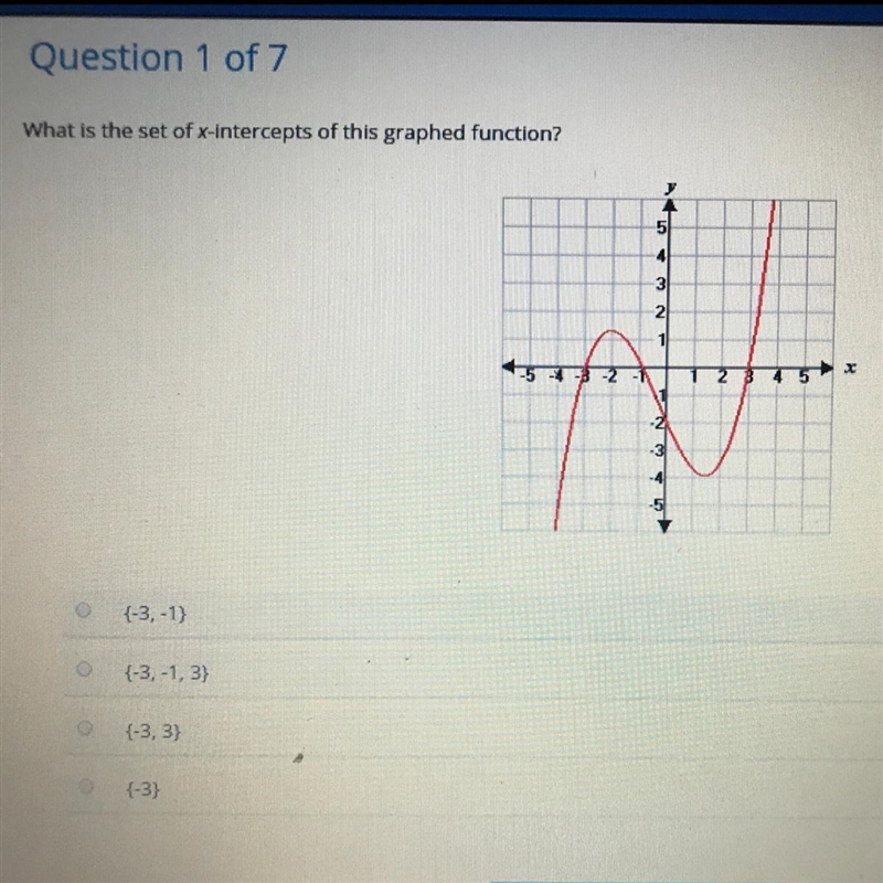 What is the set of x-intercepts of this graphed function ? A.{-3,-1} B. {-3,-1,3} C-example-1