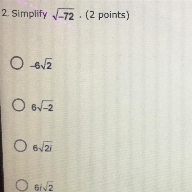 Simplify the square root of -72-example-1