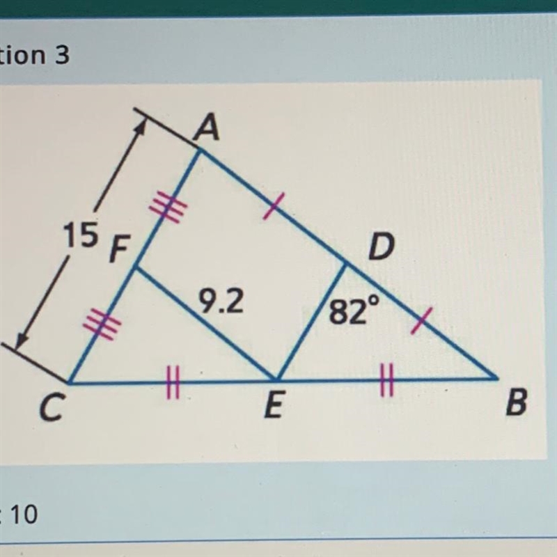 Length of DE is ___ units. Length of DB is ___ units. Measure of angle FED is ___ degrees-example-1