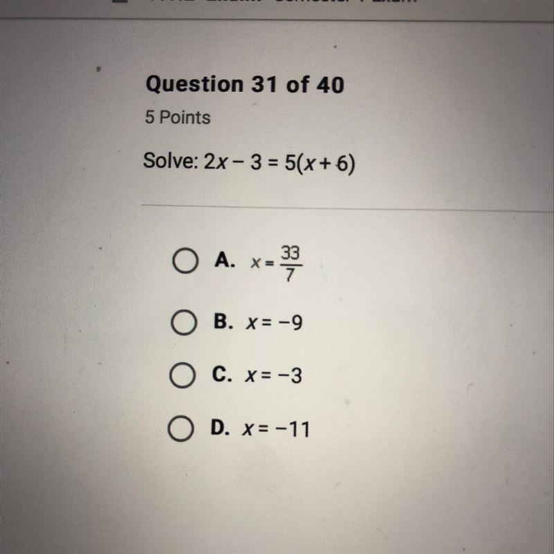 Solve: 2x – 3 = 5(x + 6)-example-1