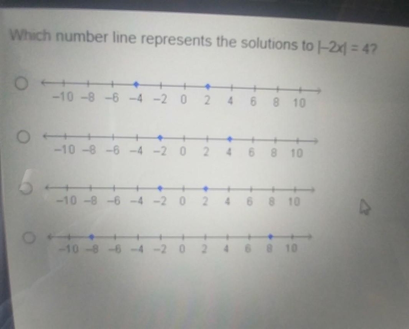 Which number line represents the solution to |-2x|=4​-example-1