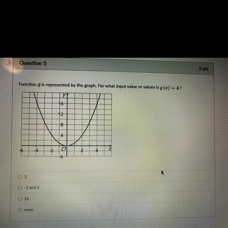 Function g is represented by the graph. For what input value or values is g (x) = 4?-example-1