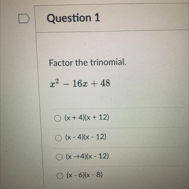 Factor the trinomial. x^2-16x+48-example-1