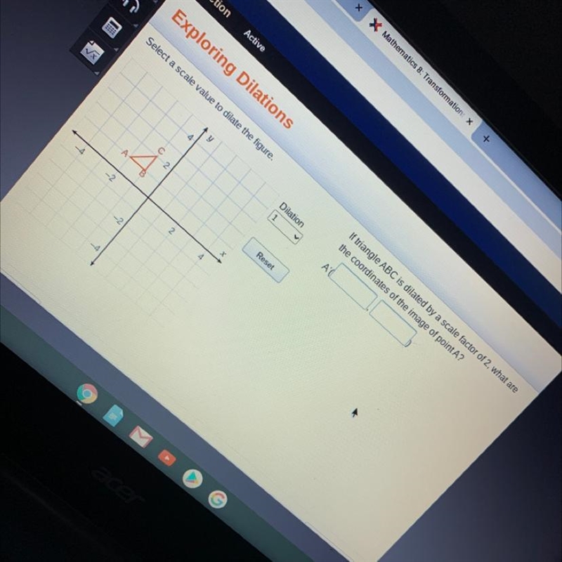 If triangle ABC is dilated by a scale factor of 2 what are the coordinates of the-example-1