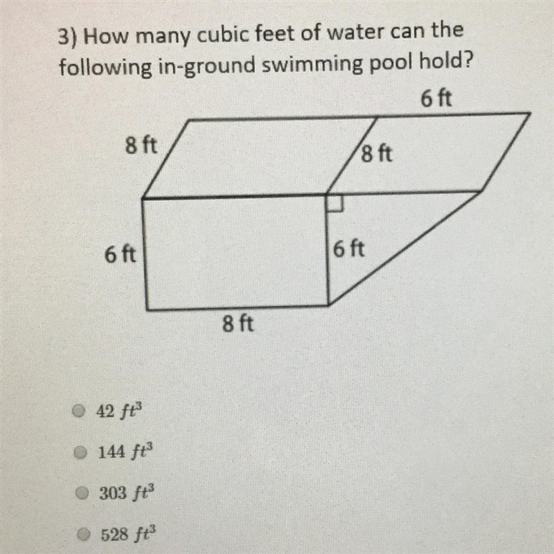 3) How many cubic feet of water can the following in-ground swimming pool hold? 6 ft-example-1