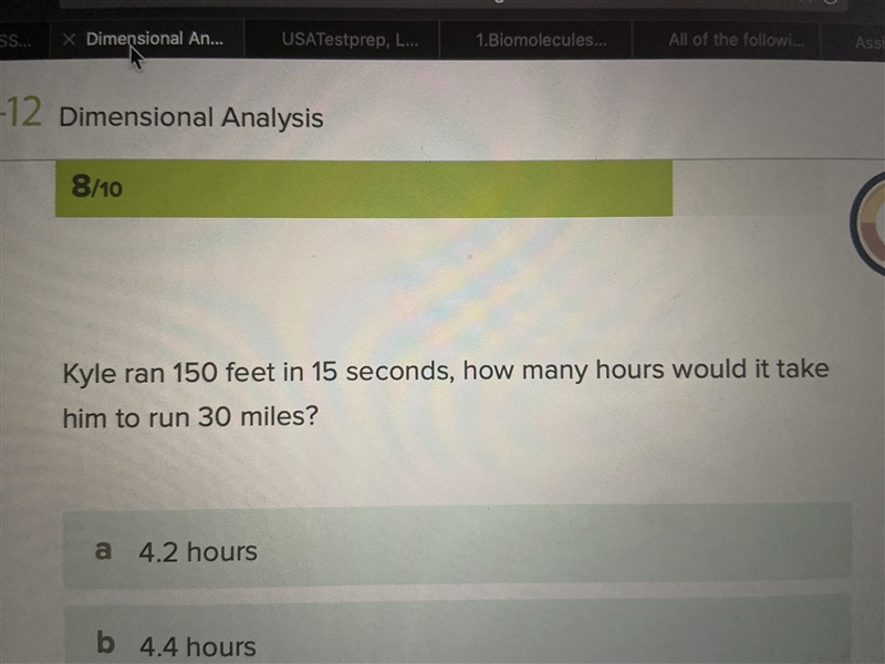 Kyle ran 150 feet and 15 seconds how many hours would it take him to run 30 miles-example-1