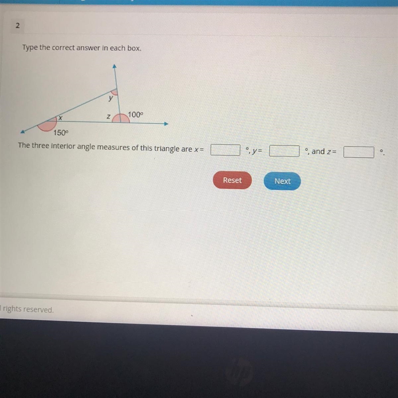 The three interior angle measures of this triangle are x= °, y= °, and Z= °-example-1