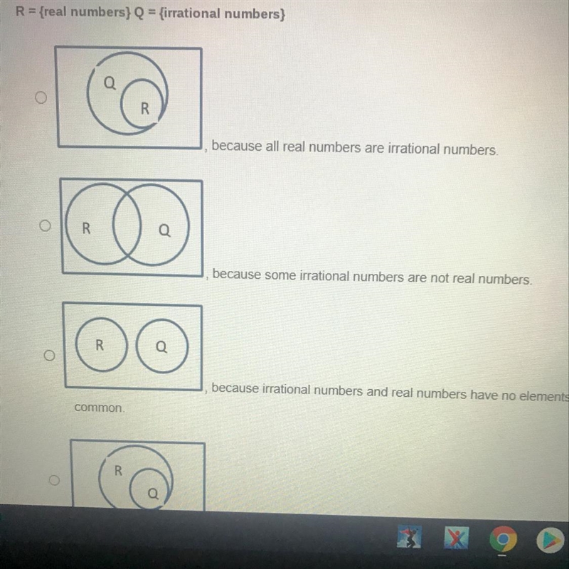 Which Venn diagram correctly describes the relationship between Set R and Set Q?-example-1