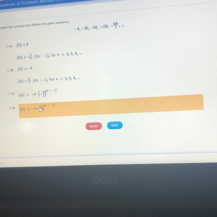 HELP Select the function that defines the given sequence. –8, -20, -50, -125, -625.-example-1