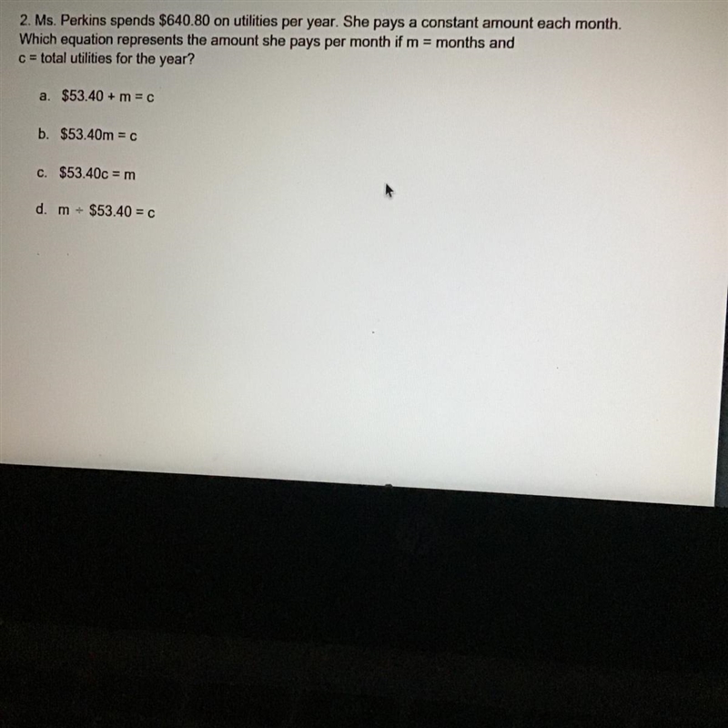 2. Ms. Perkins spends $640.80 on utilities per year. She pays a constant amount each-example-1