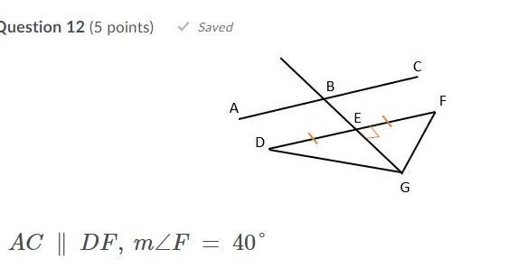 AC ∥ DF, m∠F = 40°What is the m∠FEG? What is the m∠EGF? What is the m∠D? What is the-example-1