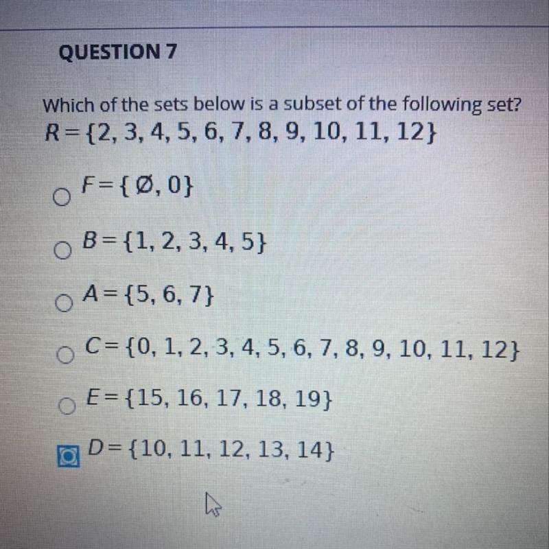 Which of the sets below is a subset of the following set? R= {2, 3, 4, 5, 6, 7, 8, 9, 10, 11, 12}-example-1