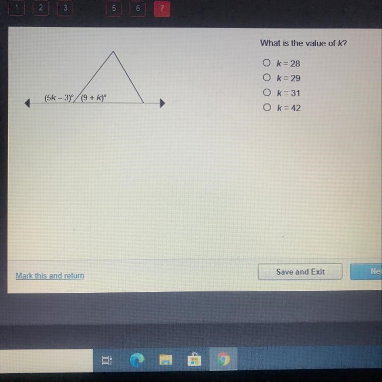 What is the value of K? O k = 28 Ok= 29 Ok= 31 Ok = 42-example-1