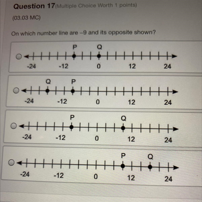 Question 17(Multiple Choice Worth 1 points) (03.03 MC) On which number line are -9 and-example-1