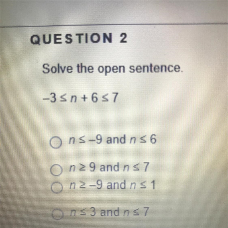 Solve the open sentence. -35n+6 57 ons-9 and ns6 n> 9 and ns 7 On-9 and ns1 ons-example-1