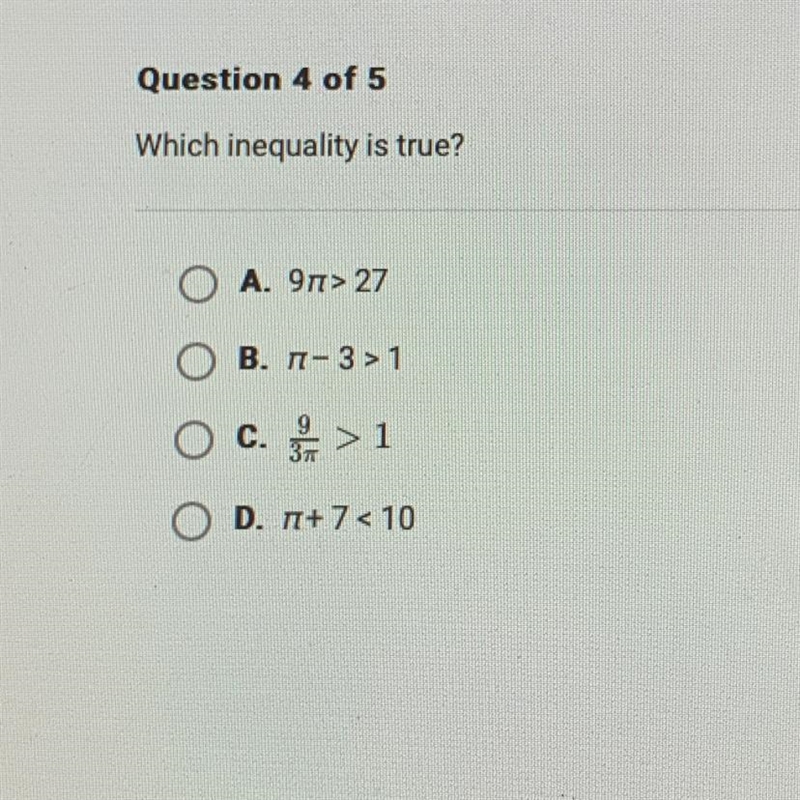 Which inequality is true? А. 9п> 27 B. п- З> 1 ос. >1 D. П+7< 10-example-1