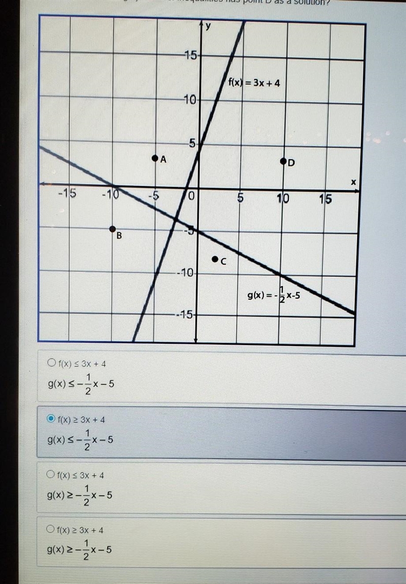 Which of the following systems of inequalities has point D as a solution?​-example-1