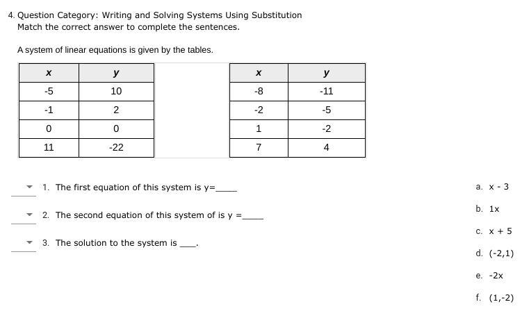 A system of linear equations is given by the tables.-example-1