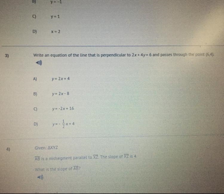 Write an equation of the line that is perpendicular to 2x +4y = 6 and passes through-example-1