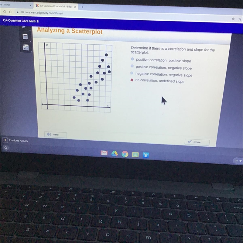 Determine if there is a correlation and slope for the scatterplot positive correlation-example-1