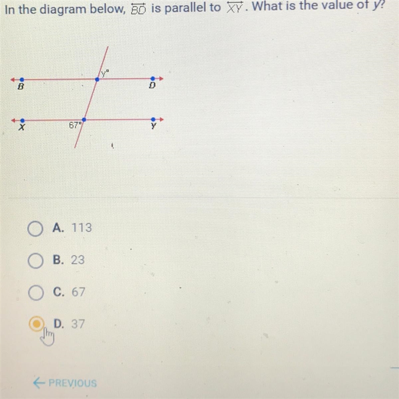 In the diagram below, BD is parallel to XY. What is the value of y?-example-1