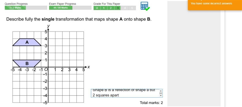 Describe fully the single transformation that maps shape A onto shape B.-example-1