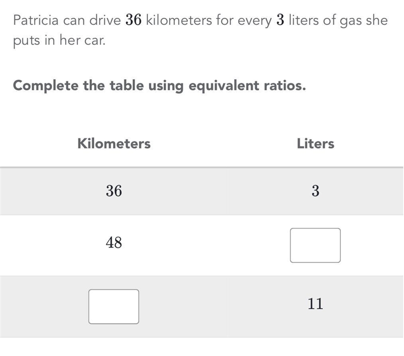 Patrica can drive 36 kilometers for every 3 liter of gas she puts in her car complete-example-1