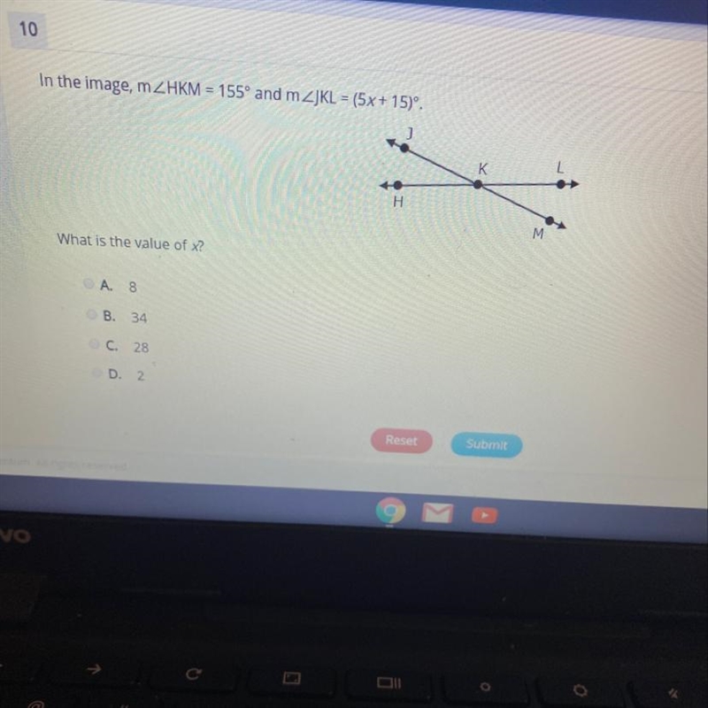 In the image, mZHKM = 155° and mZJKL = (5x + 15)°. H What is the value of x? OA. 8 OB-example-1