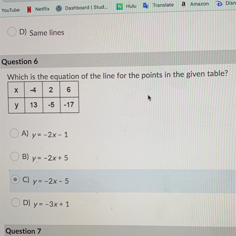 Which is the equation of the line for the points in the given table? OA) y= -2x - 1 B-example-1