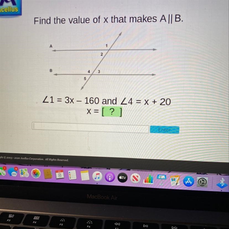 Acollus Find the value of x that makes All B. 2 4 5 Z1 = 3x - 160 and 24 = x + 20 x-example-1