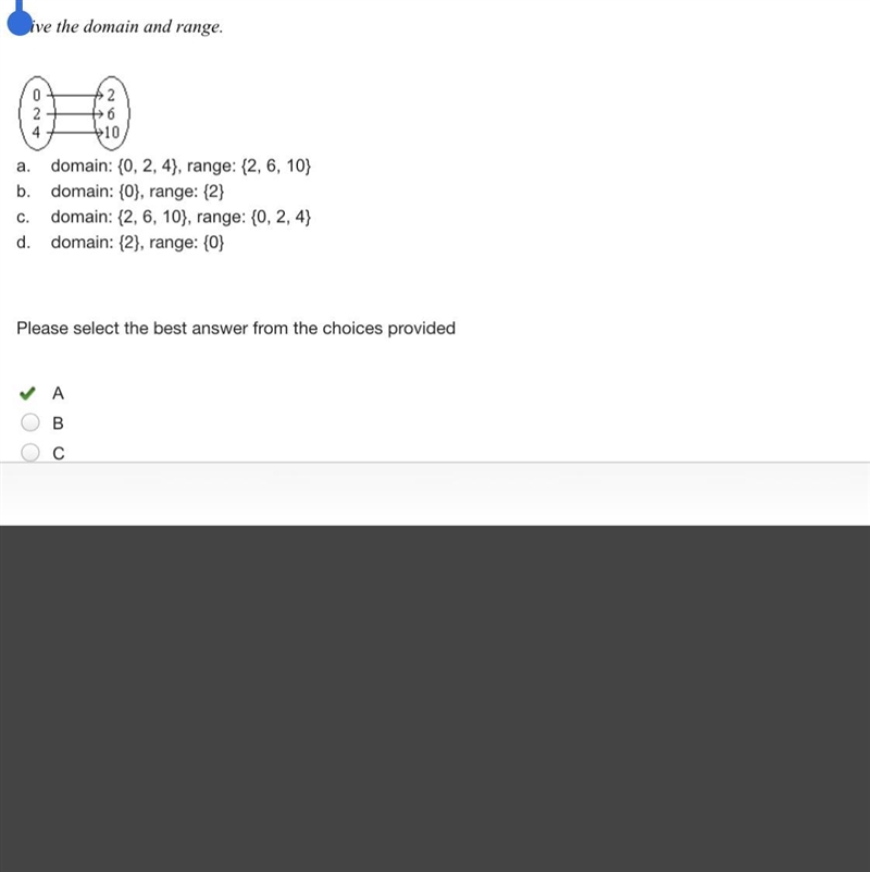 Give the domain and range. a. domain: {0, 2, 4}, range: {2, 6, 10} b. domain: {0}, range-example-1