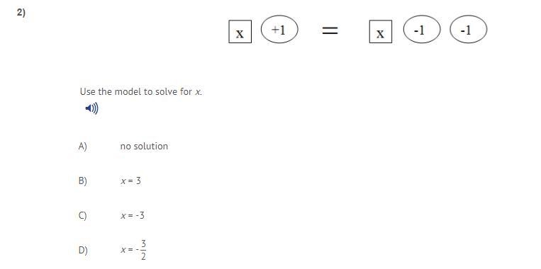 Use the model to solve for x. A) no solution B) x = 3 C) x = -3 D) x = - 3/2-example-1