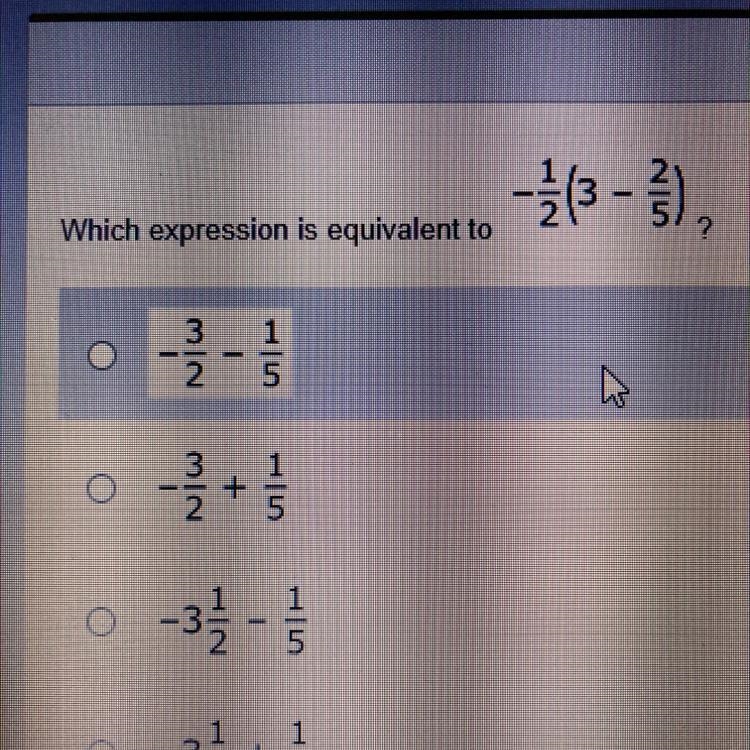 Which expression is equivalent to -1/2(3 - 2/5)?-example-1