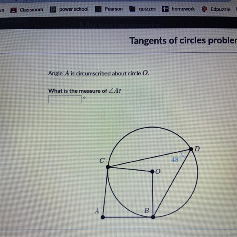 Angle A is circumscribed about circle O. What is the measure of angle A?-example-1