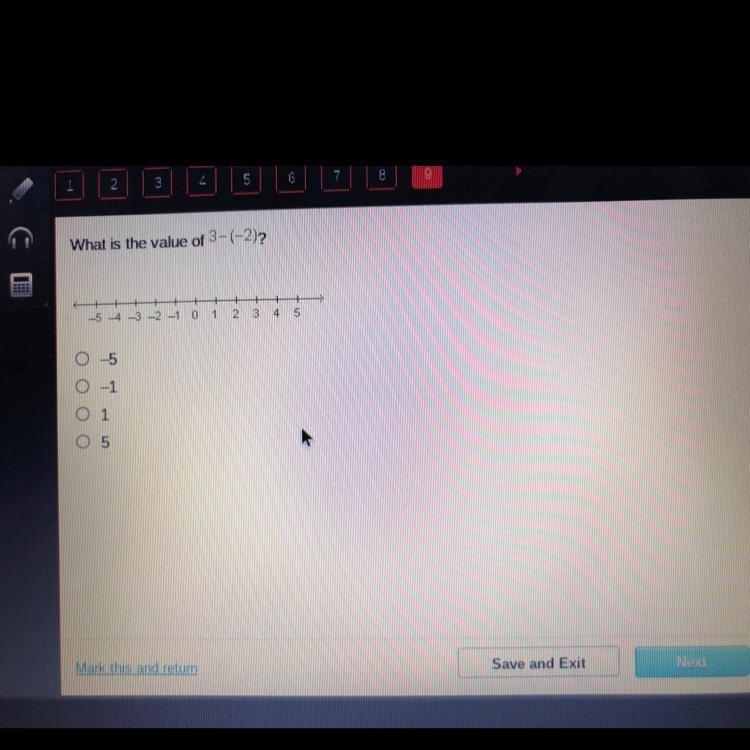 What is the value of 3-(-2) A.-5 B.-1 C.1 D.5-example-1